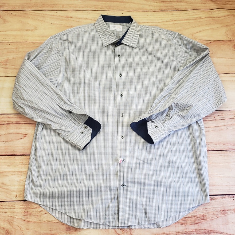 Lorenzo Uomo Dress Shirt Mens XL Size 18.5 Blue Trim‎ Fit Long Sleeve Button Up